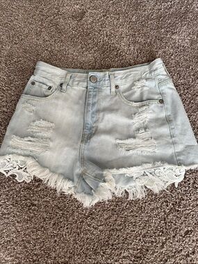 Aeropostale Light Blue Distressed Denim Shorts with Lace Trim